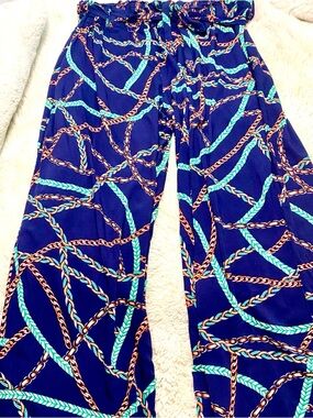 Women’s Vintage Baron Scarf Print palazzos Pants Gold Chain & Rope 3X